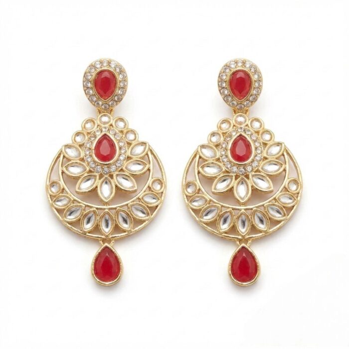 Kundan Necklace Set with Tikka - Red - Image 3