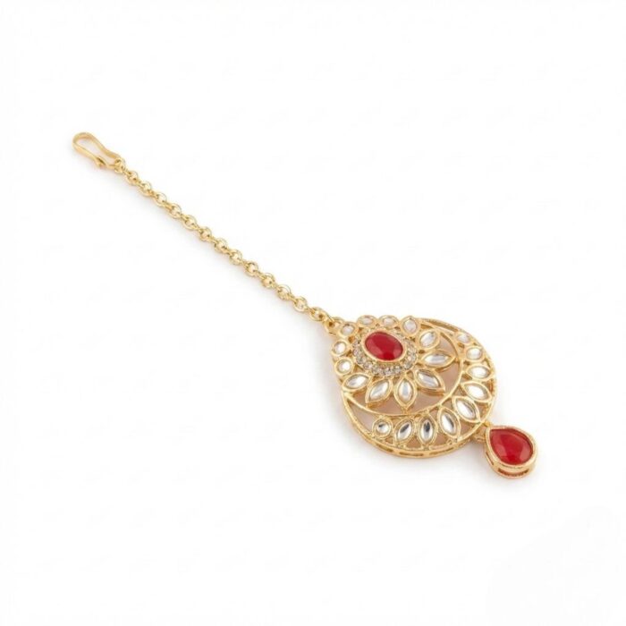 Kundan Necklace Set with Tikka - Red - Image 5