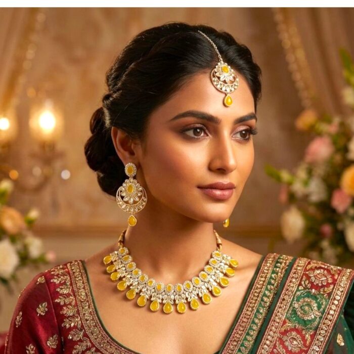 Kundan Necklace Set with Tikka - Yellow - Image 6