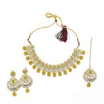 Kundan Necklace Set with Tikka - Yellow - Image 2