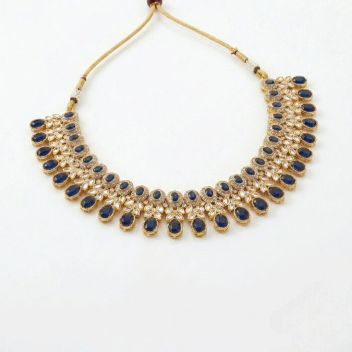 Kundan Necklace Set with Tikka - Blue - Image 3