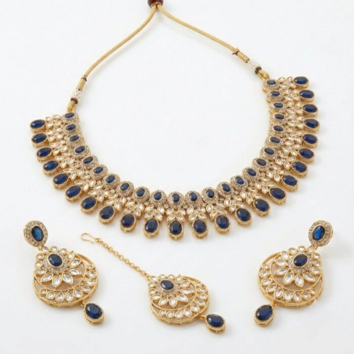 Kundan Necklace Set with Tikka - Blue - Image 2
