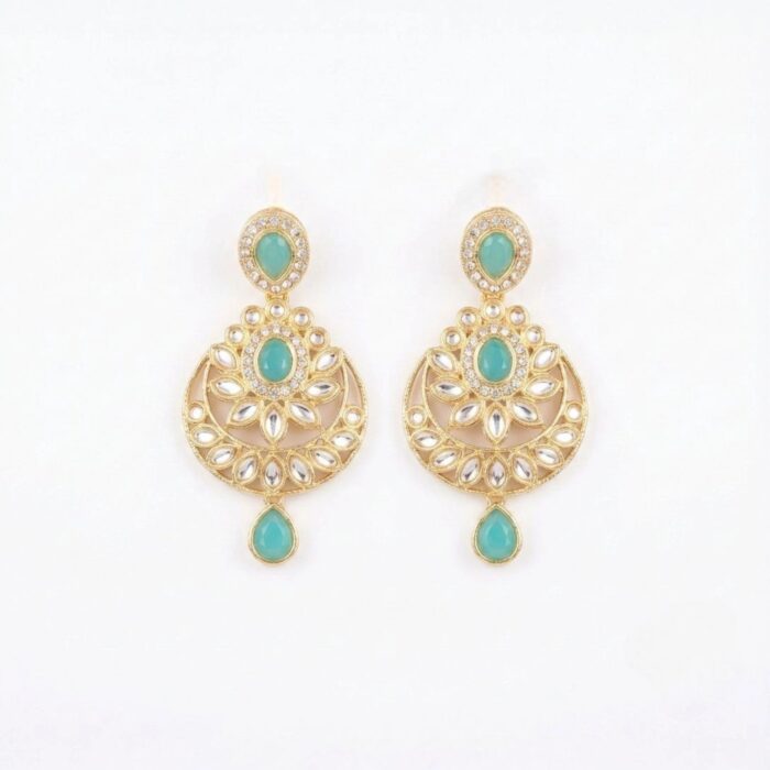 Kundan Necklace Set with Tikka - Turquoise - Image 4