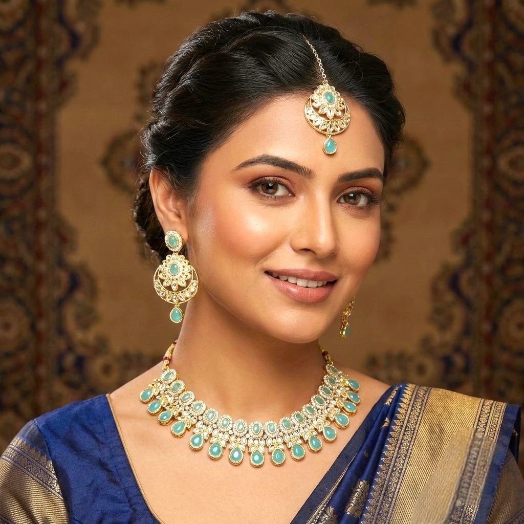 1772038664970.webp Kundan Necklace Set with Tikka - Turquoise - Image 1