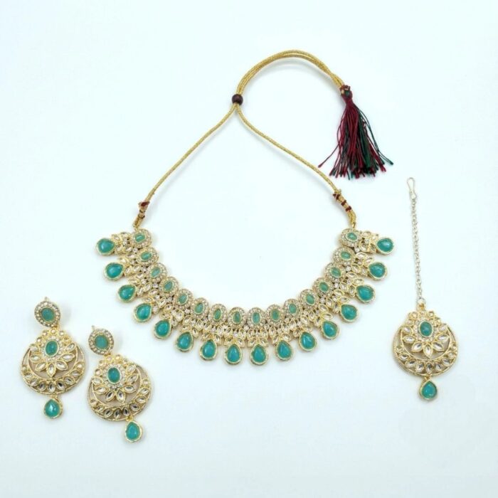 Kundan Necklace Set with Tikka - Turquoise - Image 2