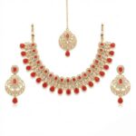 Kundan Necklace Set with Tikka - Red - Image 2