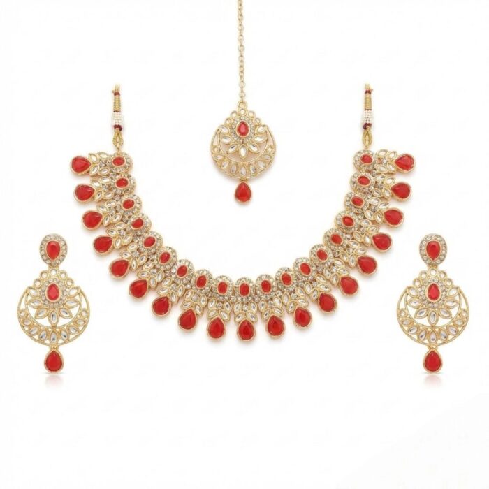 Kundan Necklace Set with Tikka - Red - Image 2