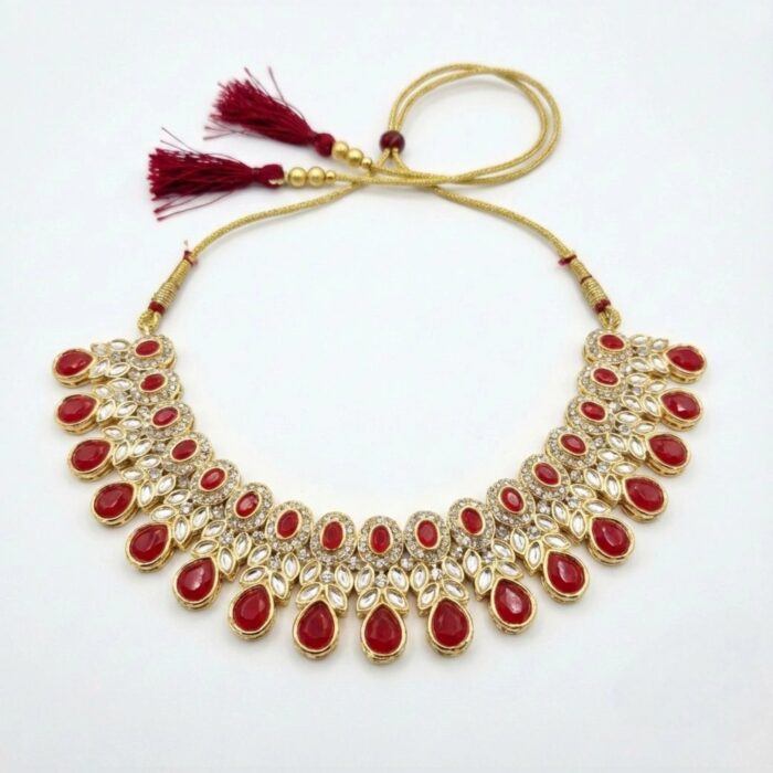 Kundan Necklace Set with Tikka - Red - Image 4