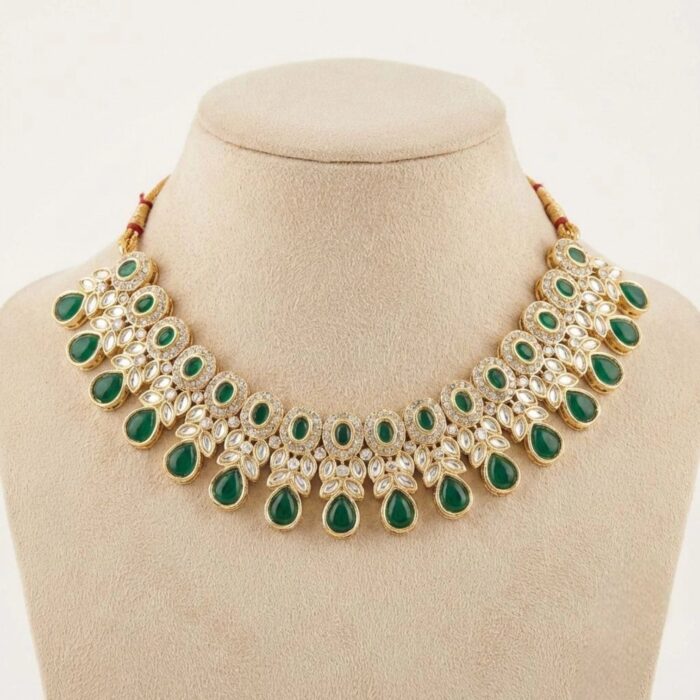 Kundan Necklace Set with Tikka - Green - Image 3
