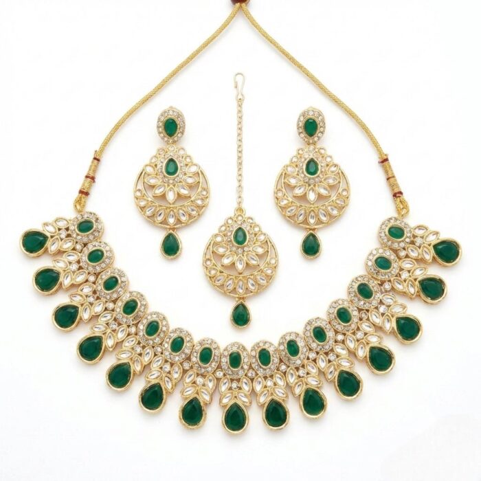 Kundan Necklace Set with Tikka - Green - Image 2