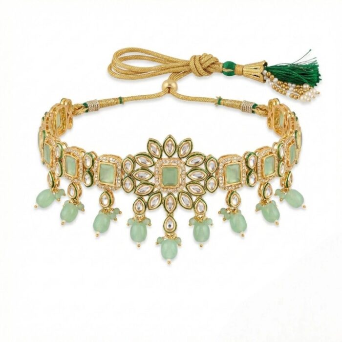 Swarnika Emerald Dew - Pista Green | Kundan Choker Necklace Set with Tikka - Image 2