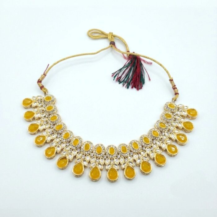 Kundan Necklace Set with Tikka - Yellow - Image 3