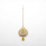 Kundan Necklace Set with Tikka - Yellow - Image 5