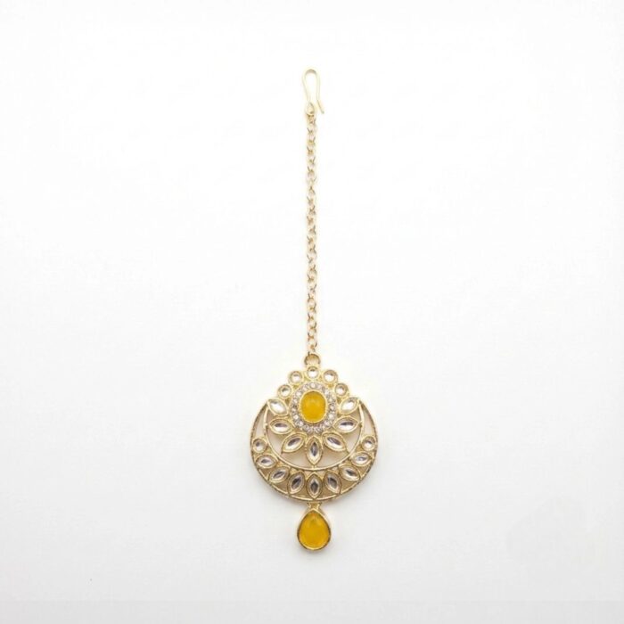 Kundan Necklace Set with Tikka - Yellow - Image 5
