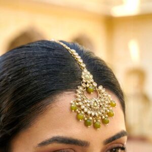 Traditional Kundan maang tikka - Mehendi Green beads