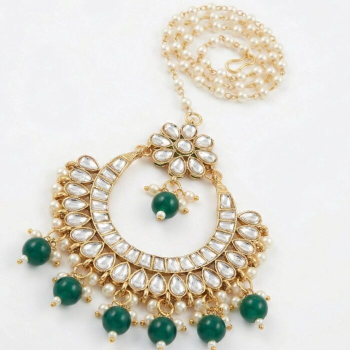 Kundan Stone Work - Maang Tikka - Chand - green - Image 3