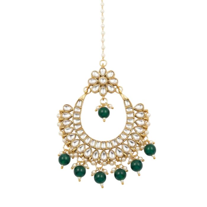 Kundan Stone Work - Maang Tikka - Chand - green - Image 4
