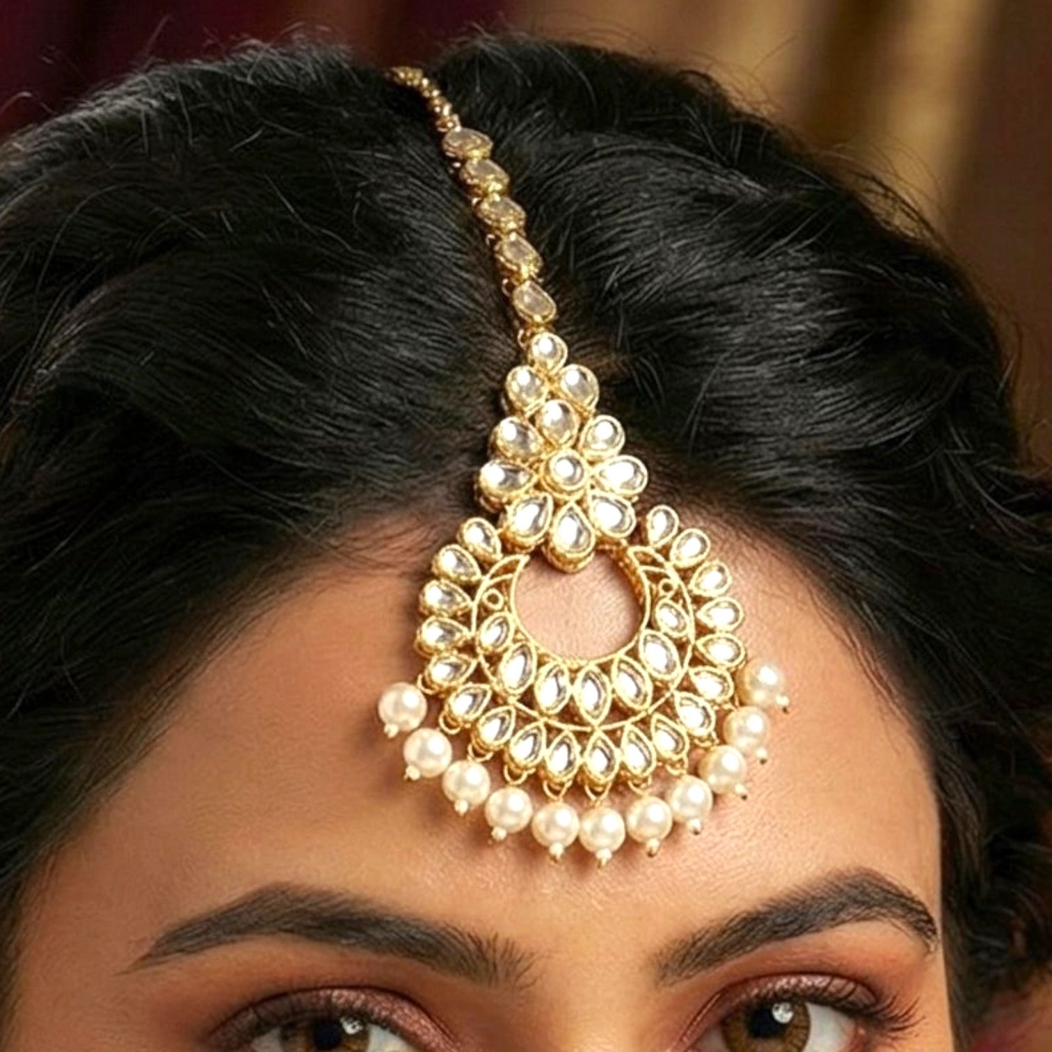 1770579013105 (1).webp Kundan Stone Work - Maang Tikka - White - Image 1