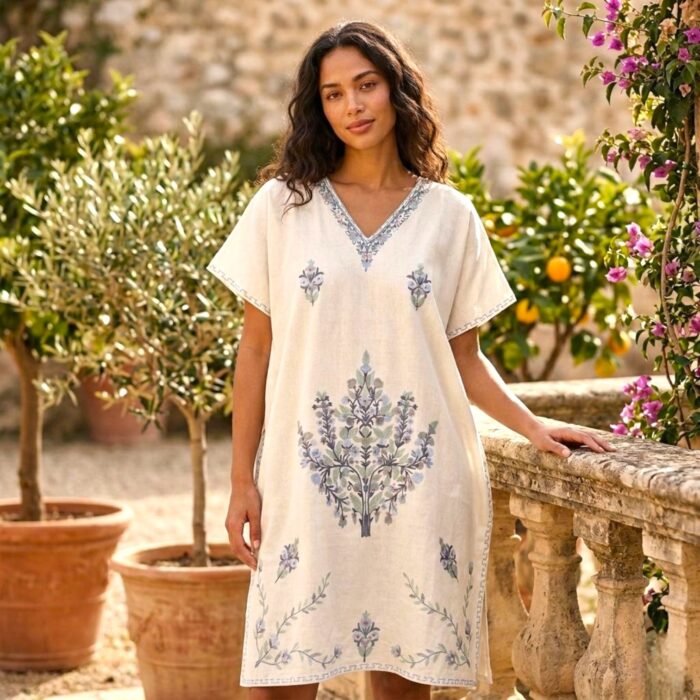 Women's Kaftan Floral Embroidery - White with blue - Image 6