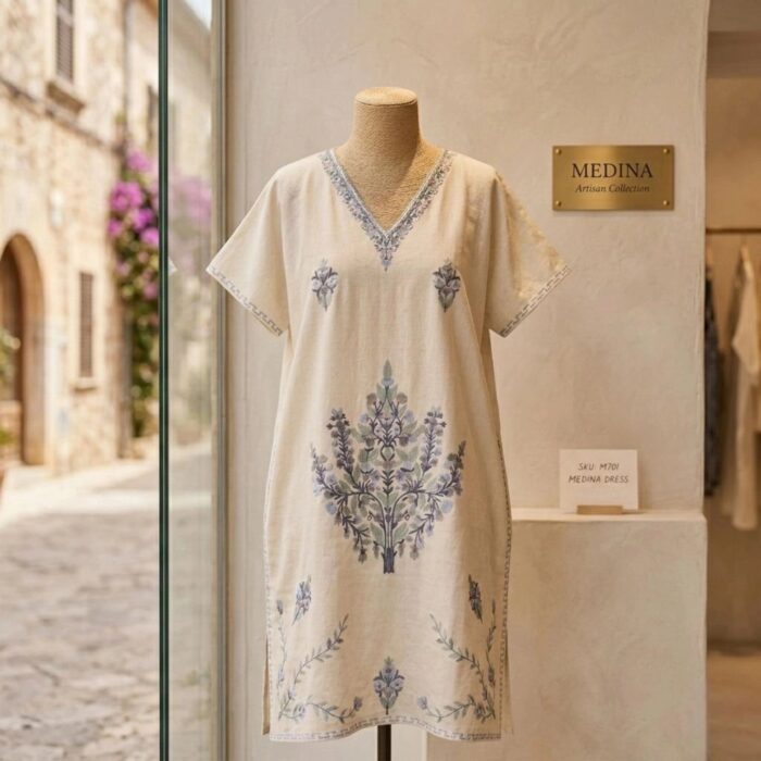 Women's Kaftan Floral Embroidery - White with blue - Image 4