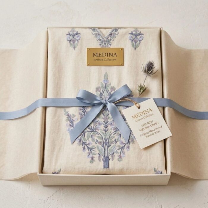 Women's Kaftan Floral Embroidery - White with blue - Image 5