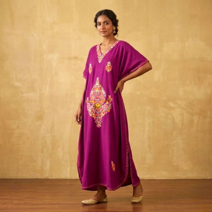Women's Kaftan Floral Embroidery - Maroon - Image 6