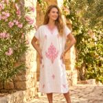 Women's Kaftan Floral Embroidery - White with Pink