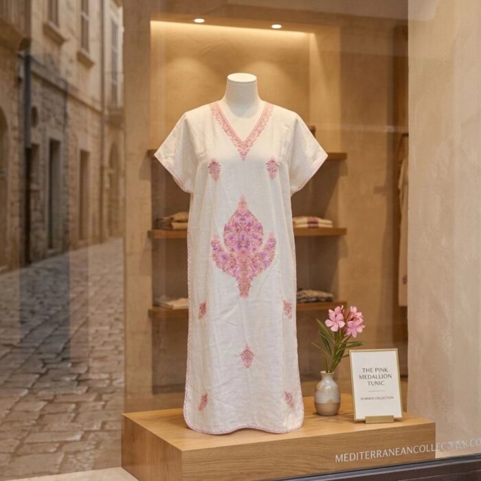 Women's Kaftan Floral Embroidery - White with Pink - Image 4