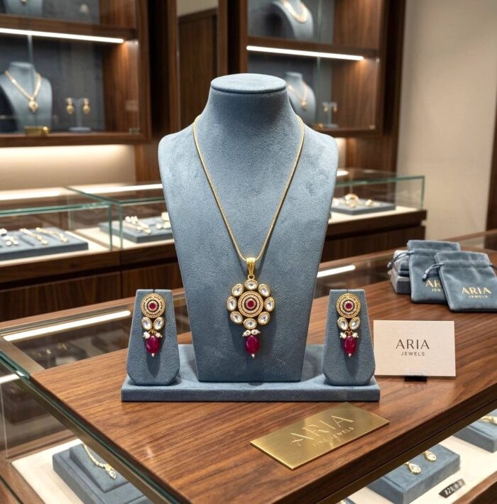 Necklace with earrings | Kundan Pendant Necklace and Earring Set - Image 2