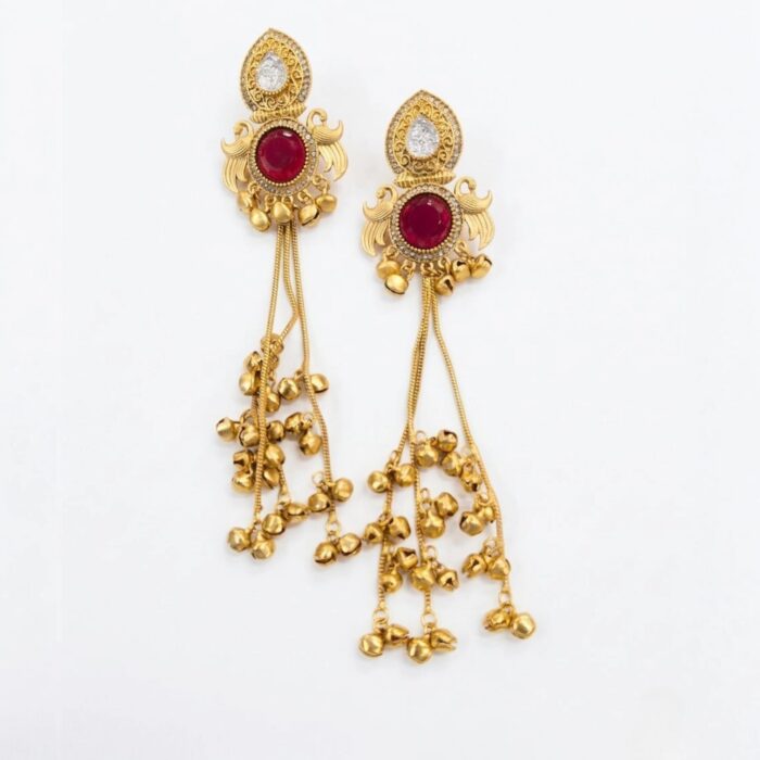 Stylish Kashmiri Dangler Earrings with Maroon Center Stone
