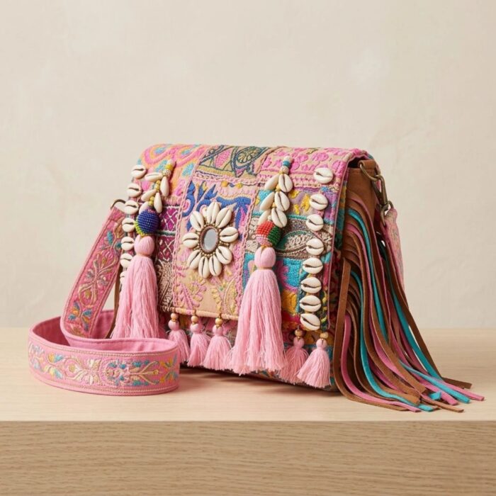 Handmade patch Banjara crossbody bag - Pink - Image 3