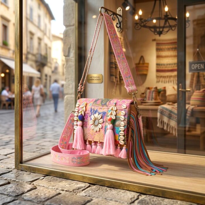 Handmade patch Banjara crossbody bag - Pink - Image 2