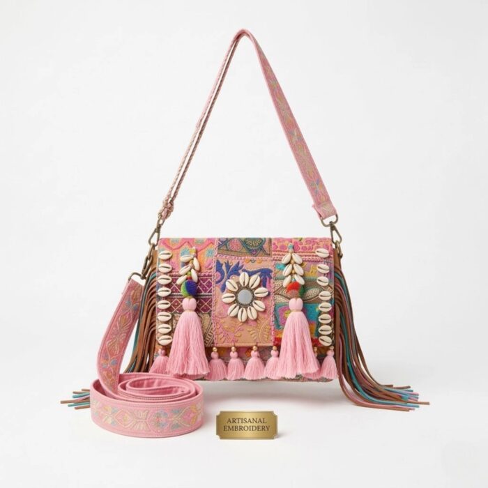 Handmade patch Banjara crossbody bag - Pink - Image 4