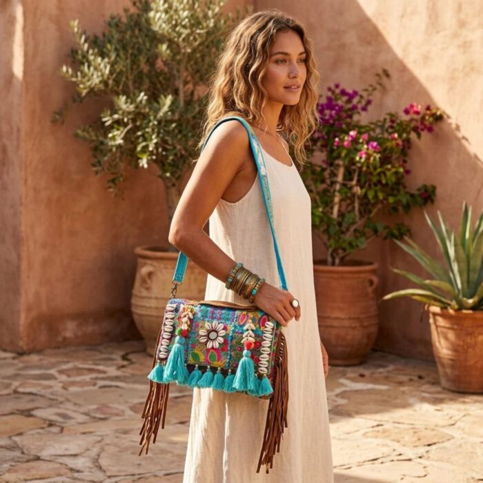 Handmade patch Banjara crossbody bag - Turquoise - Image 5