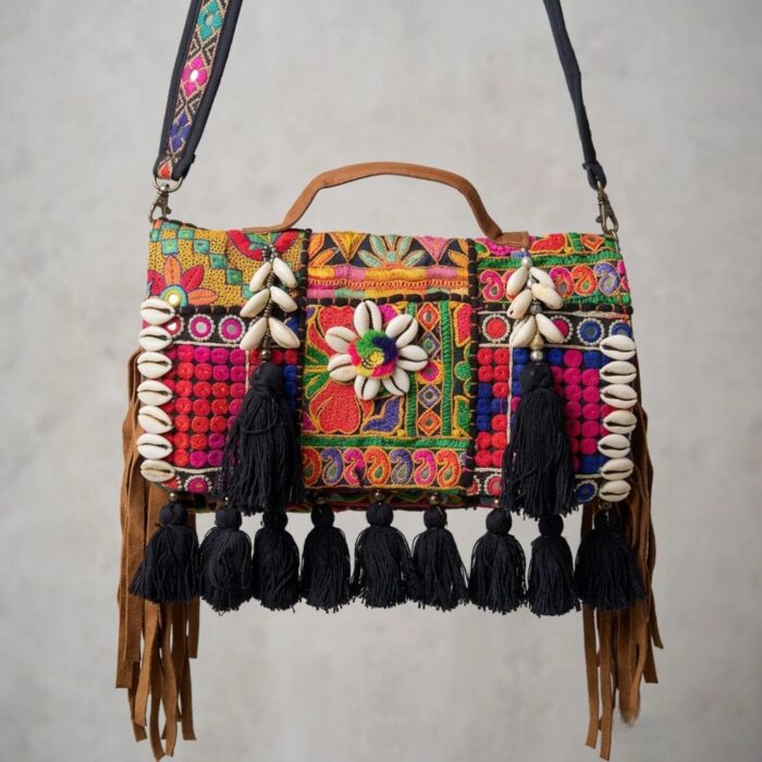 Handmade patch Banjara crossbody bag - Black - Image 4