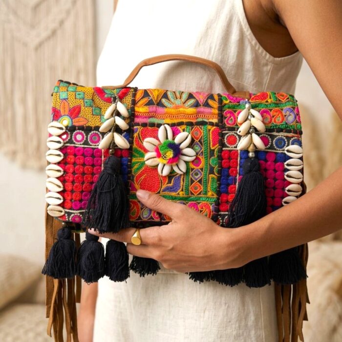 Handmade patch Banjara crossbody bag - Black - Image 2