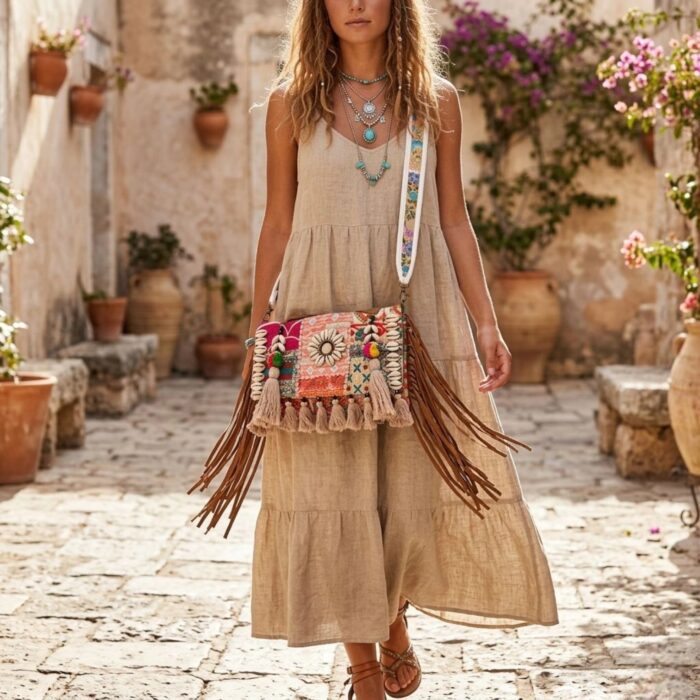 Handmade patch Banjara crossbody bag - White - Image 2