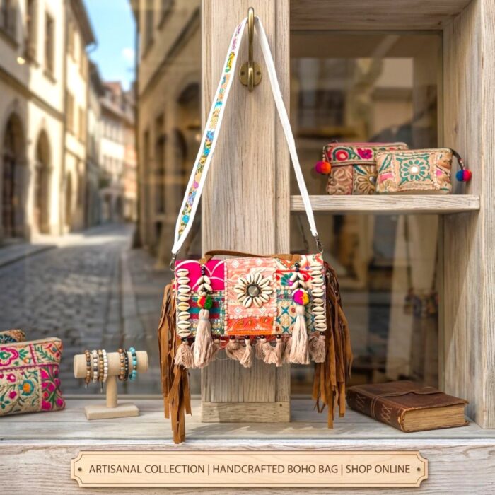 Handmade patch Banjara crossbody bag - White - Image 3