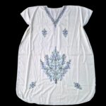 Women's Kaftan Floral Embroidery - White with blue - Image 3