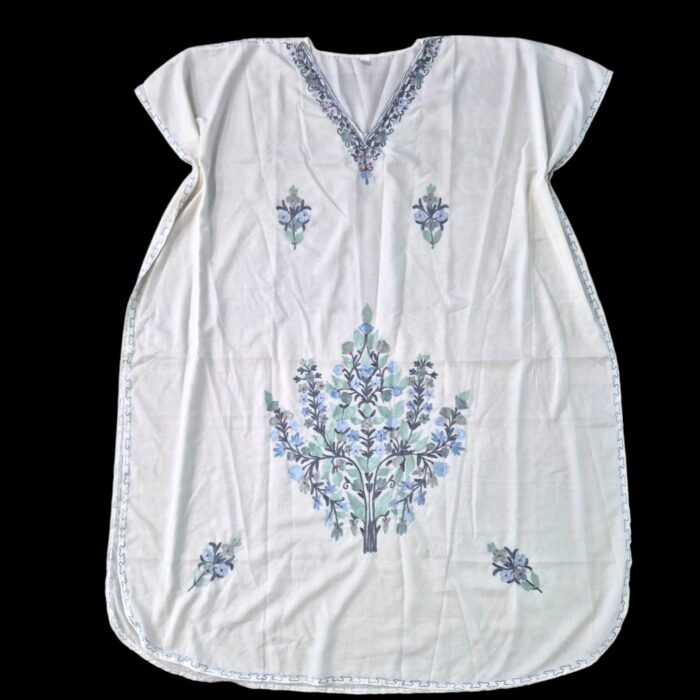Women's Kaftan Floral Embroidery - White with blue - Image 3