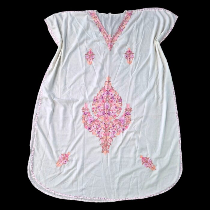 Women's Kaftan Floral Embroidery - White with Pink - Image 3