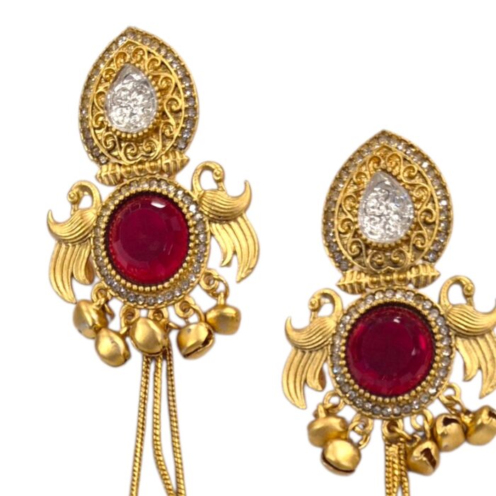 Close up of Kashmiri ghungroo earrings golden oxidized