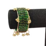 Green raindrop glass bangles stack set with Kashmiri Ghungroo Golden Bangles