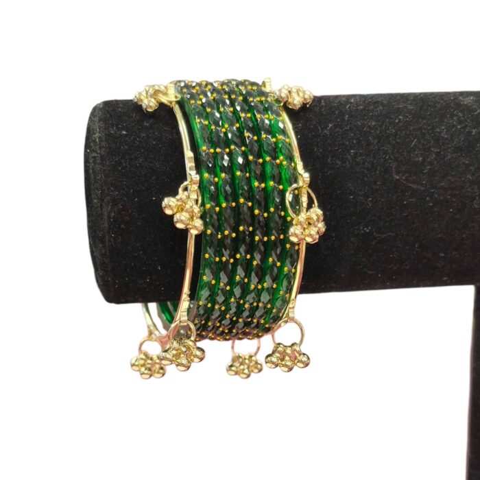 Green raindrop glass bangles stack set with Kashmiri Ghungroo Golden Bangles
