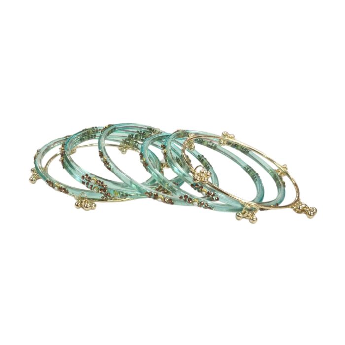 Elegant Glass Bangles with Pearl & Stone Accents with Kashmiri Ghungroo Bangles - Turquoise - Image 6