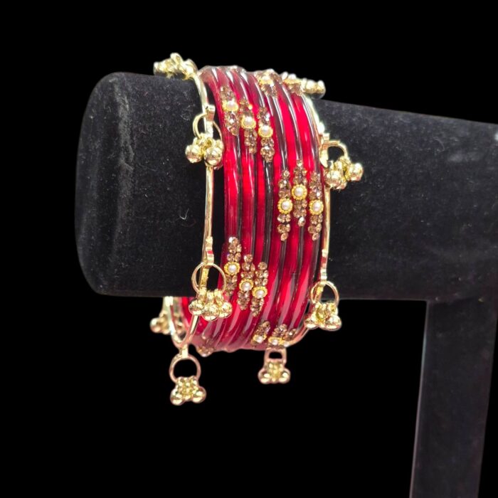 Elegant Glass Bangles with Pearl & Stone Accents with Kashmiri Ghungroo Bangles - red - Image 6
