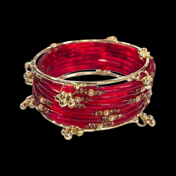Elegant Glass Bangles with Pearl & Stone Accents with Kashmiri Ghungroo Bangles - red - Image 4