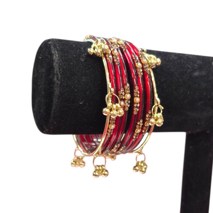 Elegant Glass Bangles with Pearl & Stone Accents with Kashmiri Ghungroo Bangles - Maroon - Image 3
