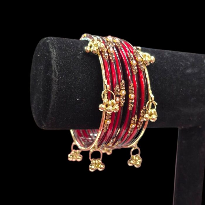 Elegant Glass Bangles with Pearl & Stone Accents with Kashmiri Ghungroo Bangles - Maroon - Image 6