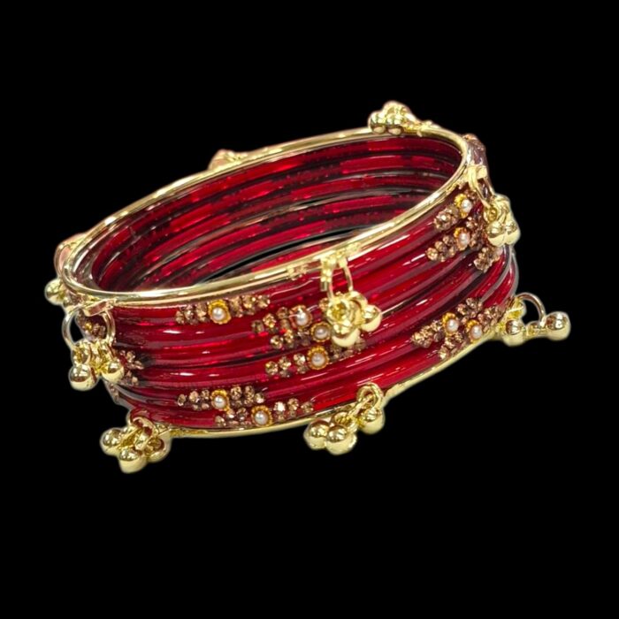 Elegant Glass Bangles with Pearl & Stone Accents with Kashmiri Ghungroo Bangles - Maroon - Image 4